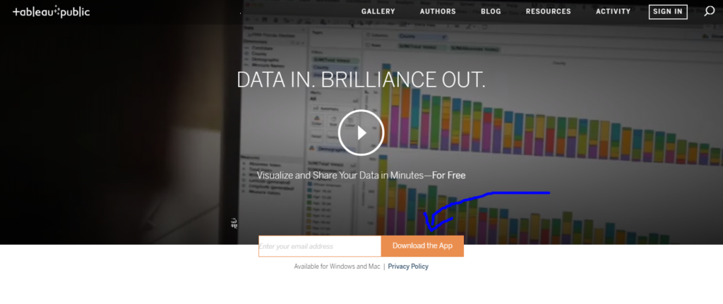 Tableau Public website with download link